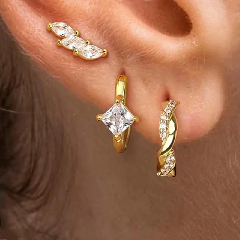 3PCS Leaf Tragus Huggie Earring Set Women Fashion Crystal Cartilage Stud Earring Lots Helix Jewelry Lobe Earring Piercing Orelha