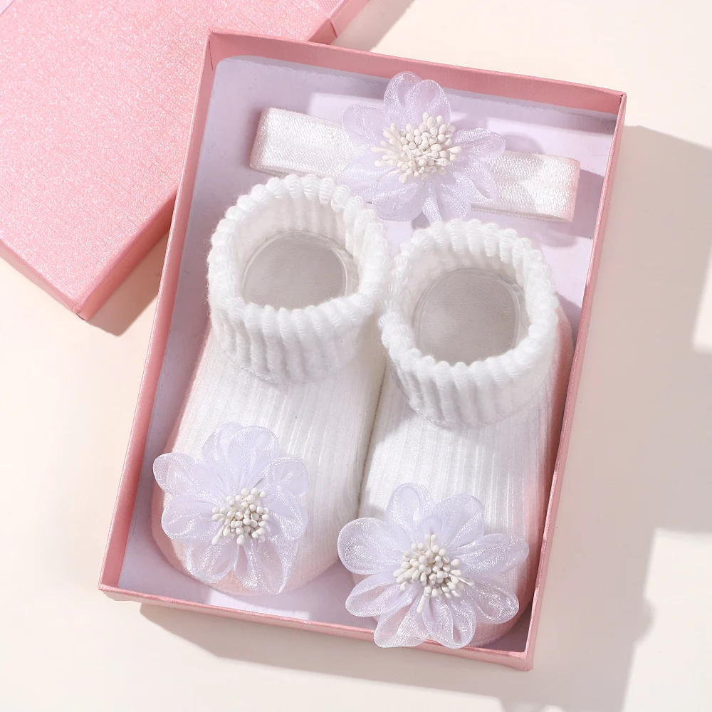 

0-2Y Baby Girl Sweet Socks with Headband Set Lovely Flower Short Socks Fashion Sequin Butterfly Nylon Hairband Babe Accessories