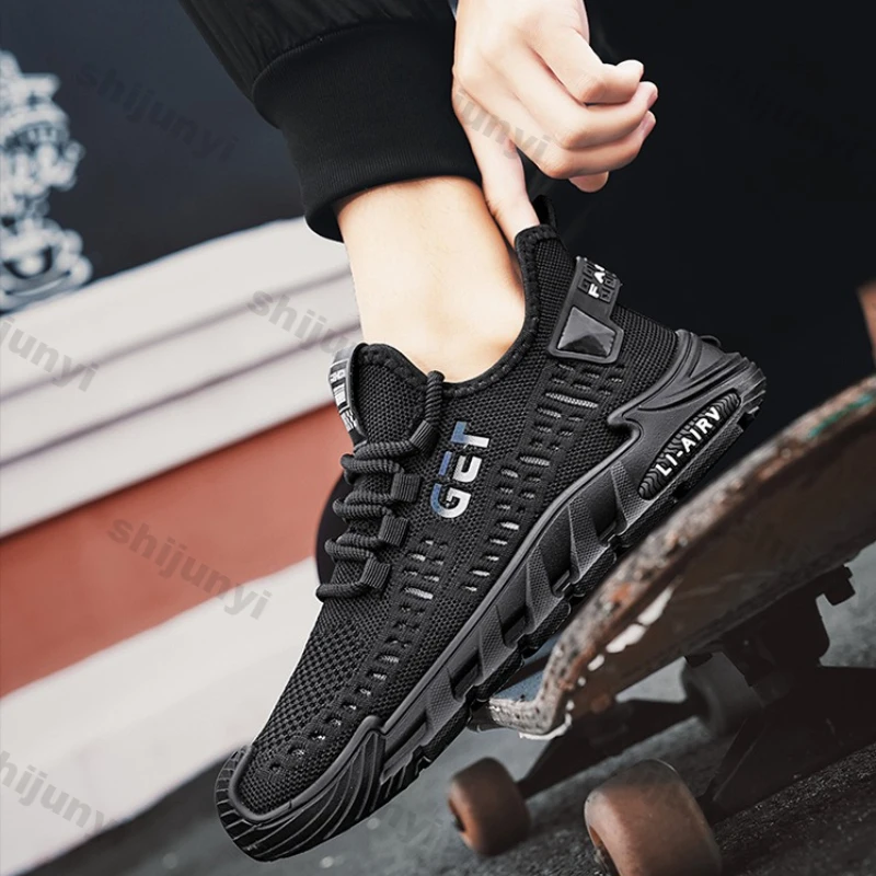 Men's Casual Sneakers 2025 Summer Mesh Breathable Fly Weave Running Shoes Soft Sole Fashion Cross Tied Wedge Vulcanized Shoes