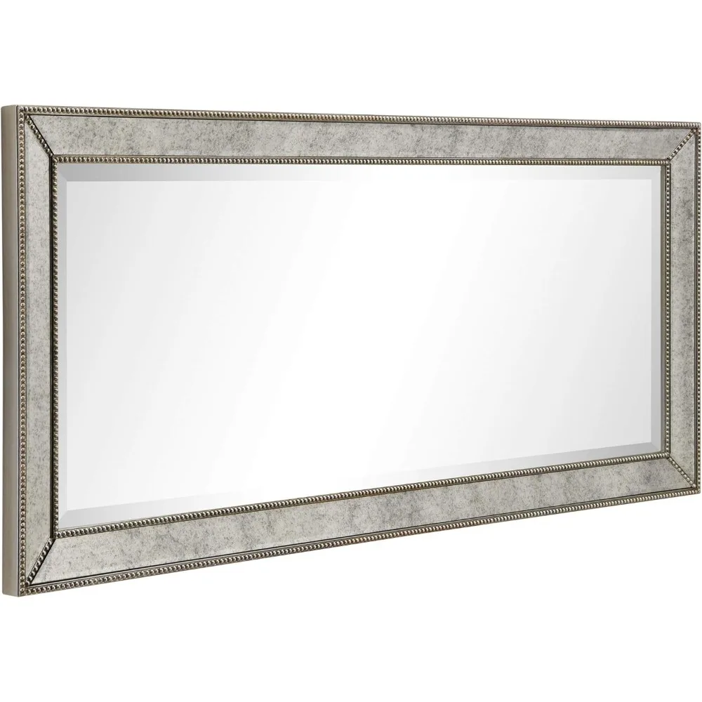 Miroir antique central biseauté pour HO, mur à cadre en bois massif, 1 ", chambre à coucher, salon, prêt à accrocher, 24" x 54 ", champagne