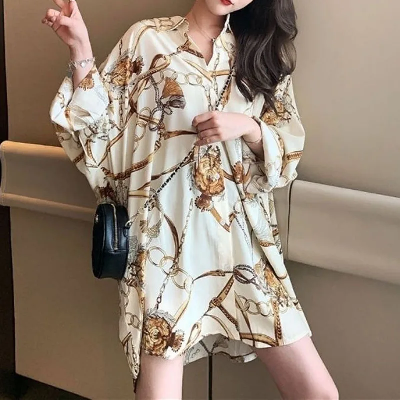 Loose Casual Printed Chiffon Button Shirt Spring Summer New Streetwear Long Sleeve Fashion Korean Turn-down Collar Midi Blouses