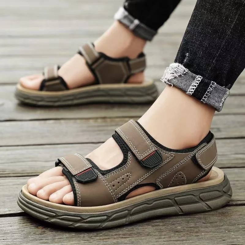 

Men's Leather Casual Sports Sandals Summer New Open Toe Thick Sole Non Slip Anti Odor Velcro Outdoor Beach Sandals Creek Shoes
