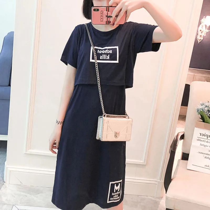 Maternity Nursing Dresses Fashion Cotton Short Sleeve Breastfeeding Tops Mid Long Thin Summer Mother Dress Skirt For Pregnant