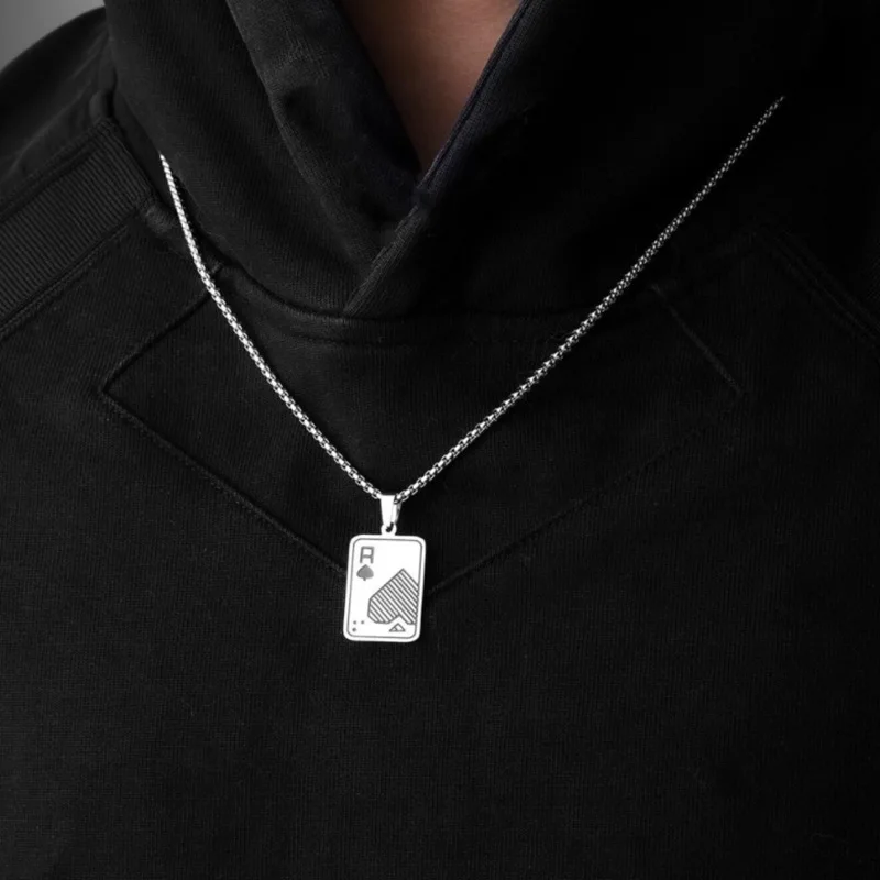 Neue Hiphop Rock Edelstahl Männer Halskette Schwarz A K Spielkarte Kragen Punk Schmuck Zubehör 24 Zoll Lange Erkek Kolye