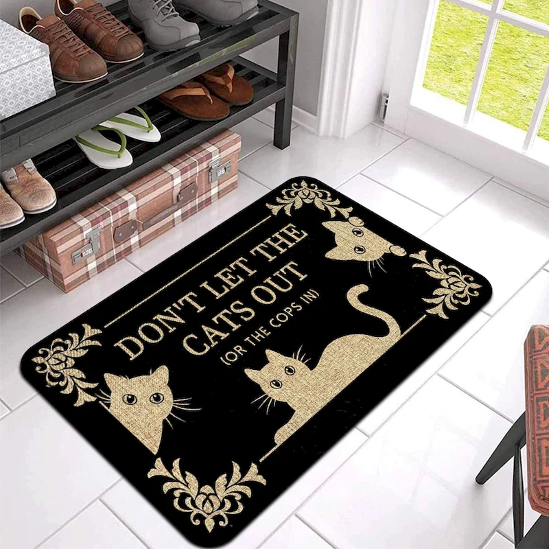 VIKAMA Fun Cat Quotes Door Mat Retro Flower Frame Carpet Entrance Anti Slip Water Absorbing Carpet Home Decoration