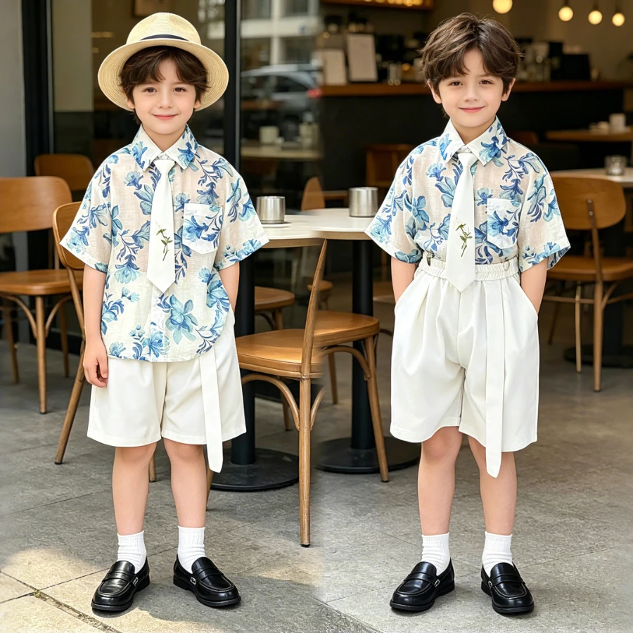 Boys 3Pcs Floral Outfit Set Blue Flower Print Shirt + White Shorts with Tie/Suspenders Summer Wedding Birthday Party Wear 8 10 Y