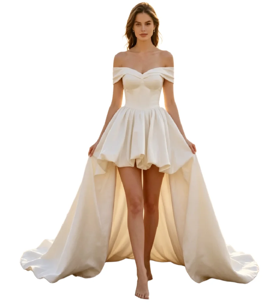 Rustic Bohemian Hi Low Wedding Dress 2026 Off Shoulders Soft Satin Short Beach Bridal Gowns Elopement Enchanted Robe De Mariage
