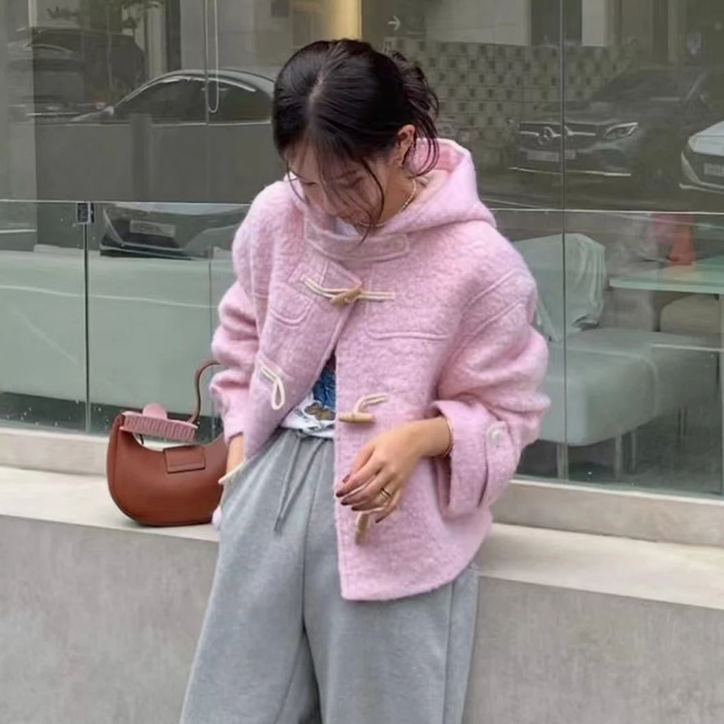 

K-Drama Main Fem Character ort Hooded Woolen Coat Button Detailing Korean Sle Commute Straight Cut Winter Polyester