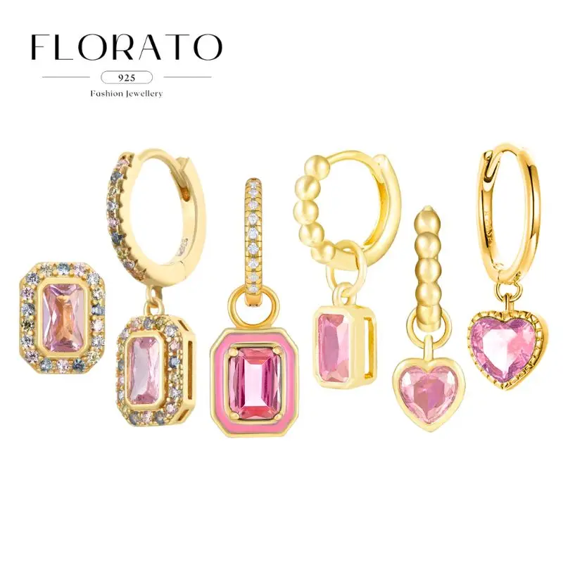 

925 Silver Needle Pink Zircon Rectangular/hearts Pendant Hoop Earrings Cute Huggie Earrings For Girl Gifts Fashion Party Jewelry