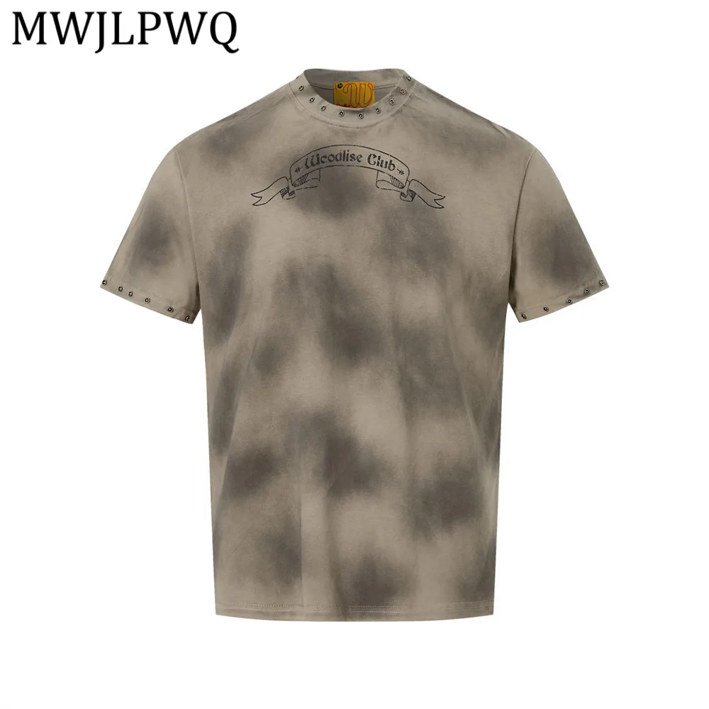 

MWJLPWQ Heavy Industry Tie-Dye Distressed Dirty T-Shirt For Men Trendy Metal Rivet Design Short-Sleeve Casual Loose Tops 16212