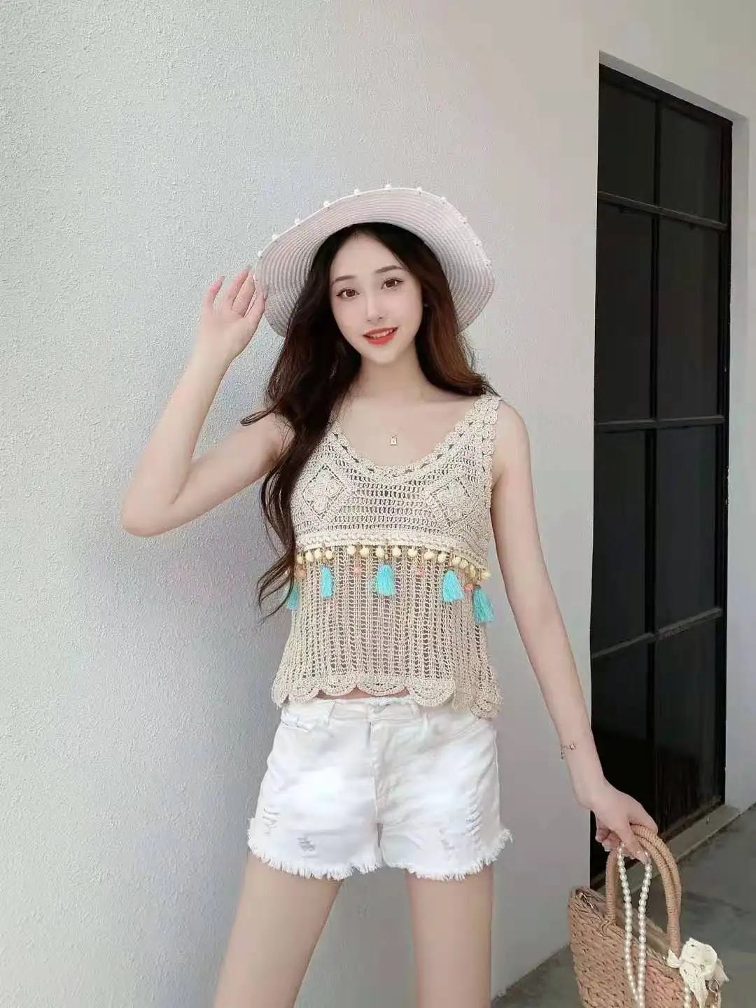 Fringed Crochet Tank Top for Women Sleeveless Crop Top Cover Up with Tassel Knitwear Boho Vacation Bohemian Summer Outfit