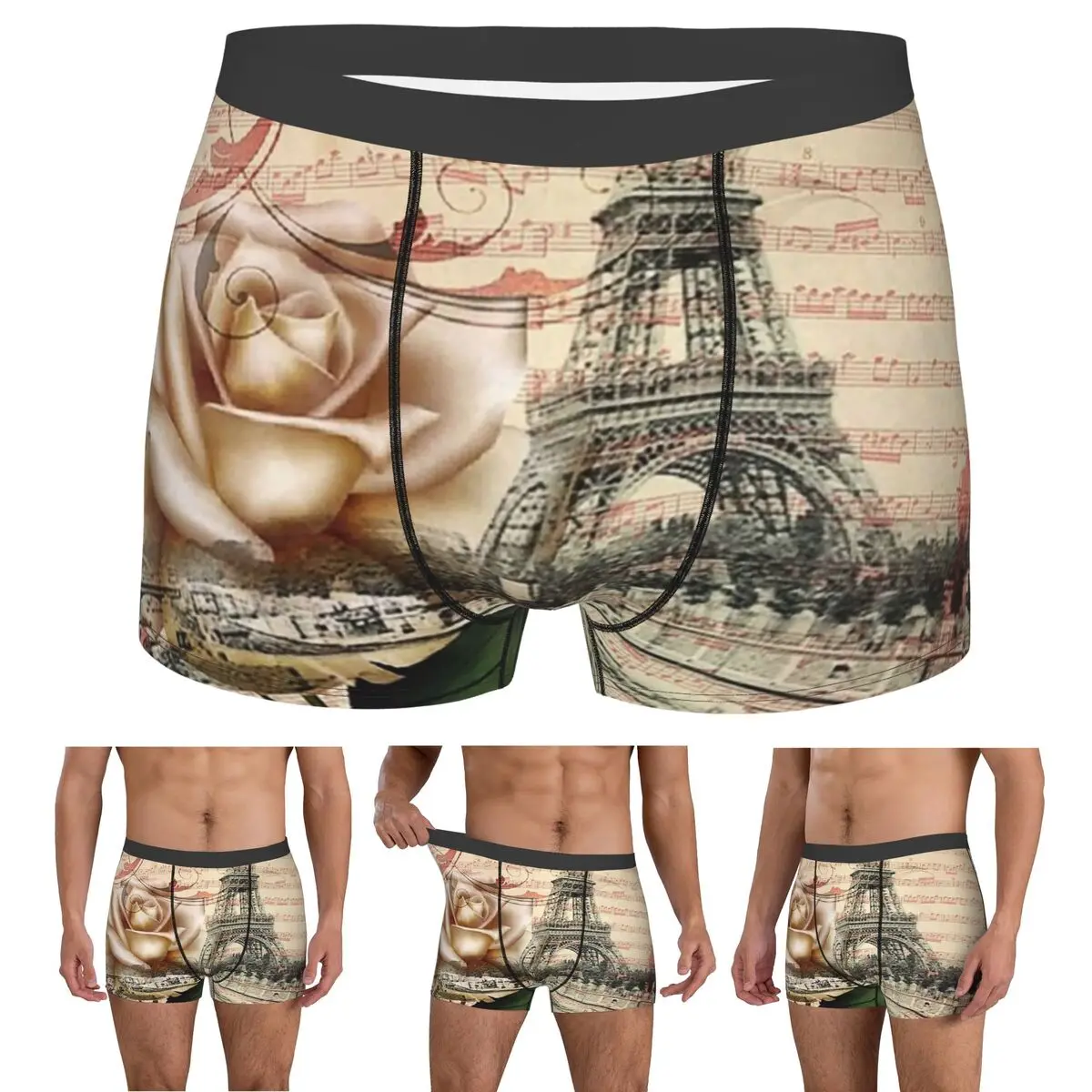 

Boxer Underpants Shorts Dark Academia French Botanical White Rose Paris Eiffel Tower Panties Men Breathable Underwear Homme Man