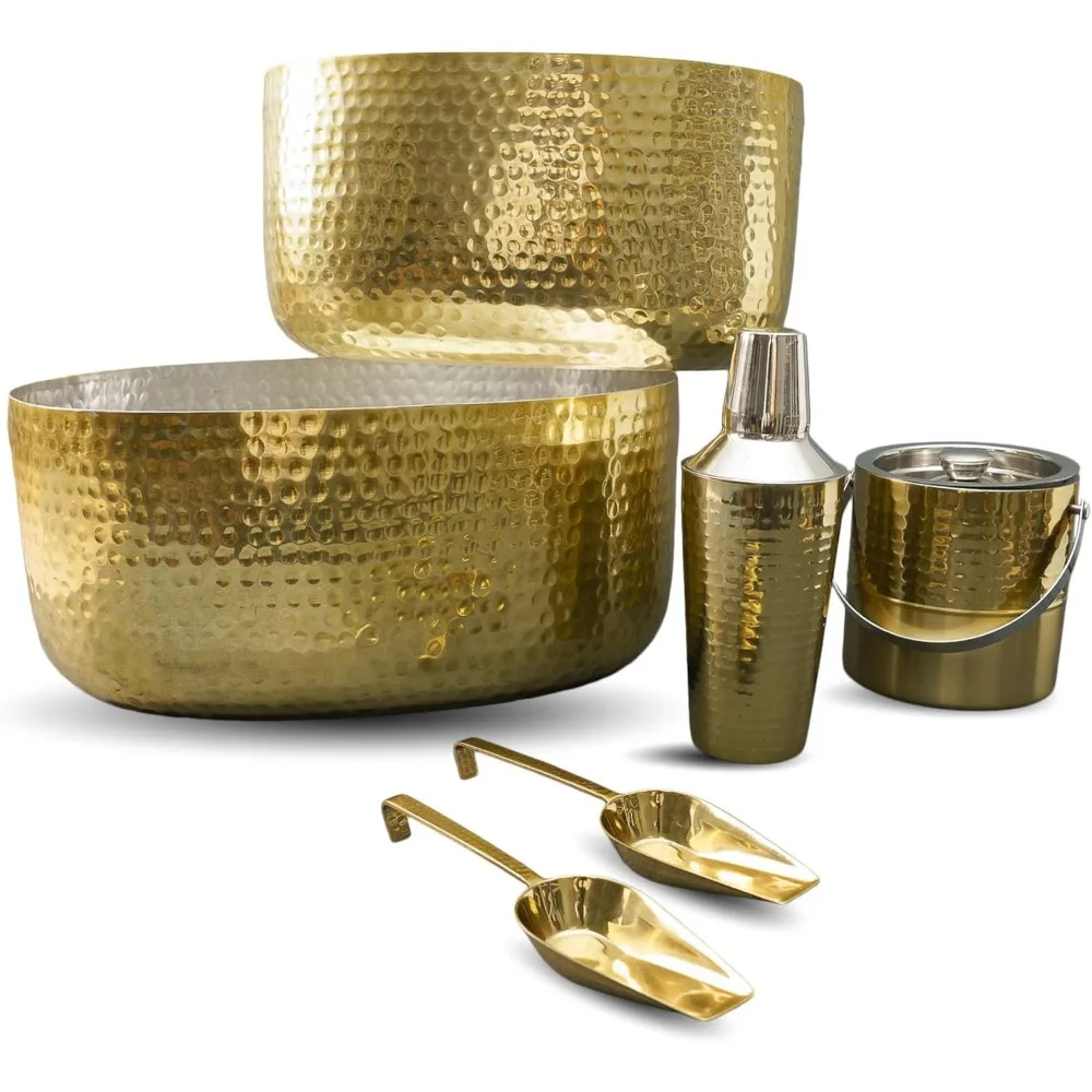 

71546 Cocktail Drink Shaker, Ice Bucket & 2 Scoops, 2 Tubs 16 & 18.25 Inches Each, Hammered Gold Metal Beverage