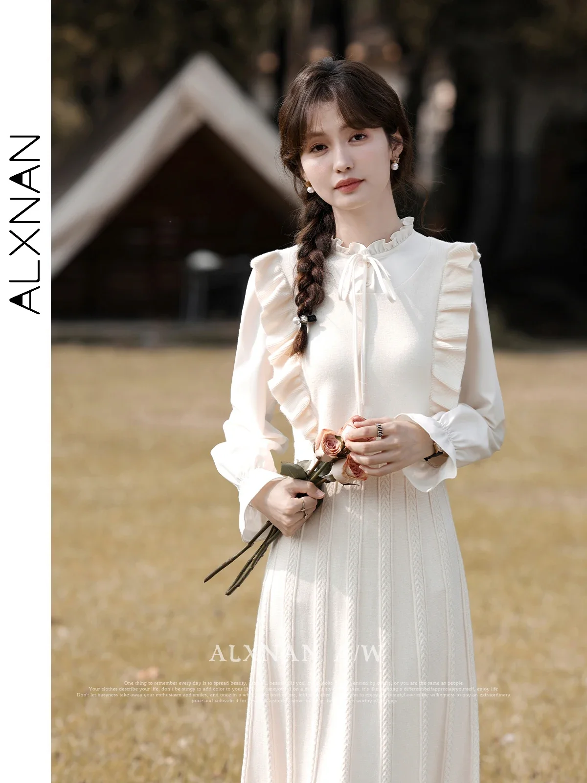 

ALXNAN Fall Winter Long Sleeve Knitted Dress for Women 2024 Comfort Elegant Light Apricot Midi Dresses Sold Separately L330261