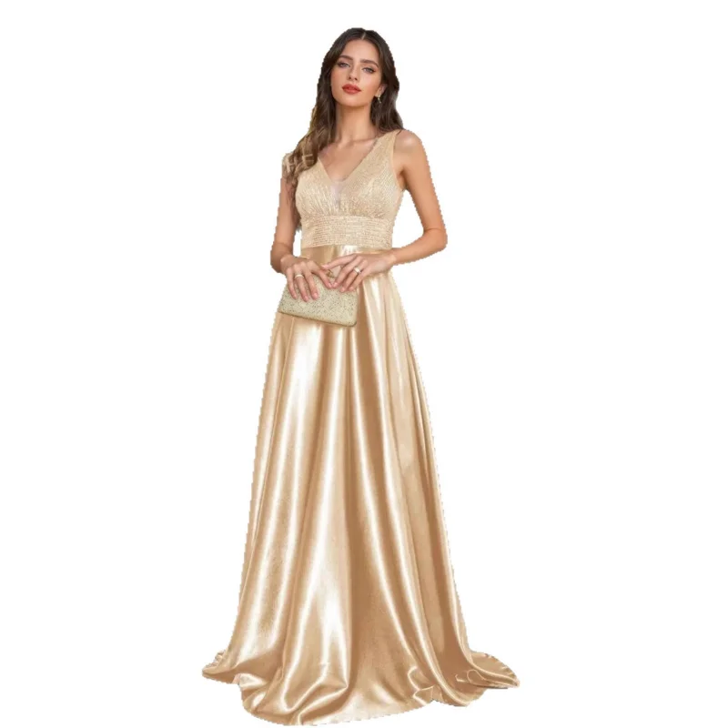 فستان سهرة أنيق جديد على الطراز الأوروبي والأمريكي من الساتان والترتر، فستان حفلات راقٍ للنساء