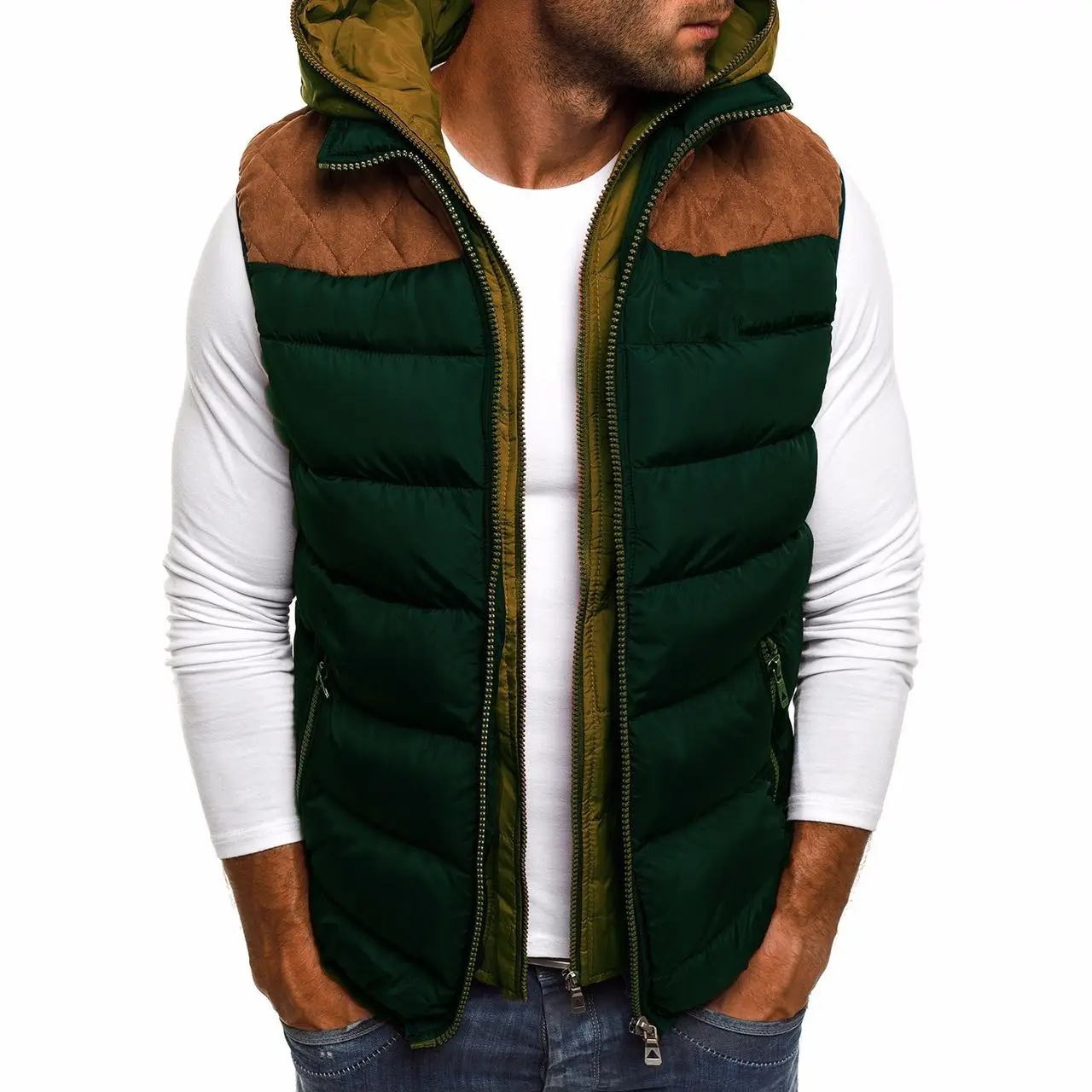 Colete masculino à prova de vento com capuz jaqueta masculina sem mangas duplo zip colete jaqueta de inverno jaqueta casual jaqueta masculina de