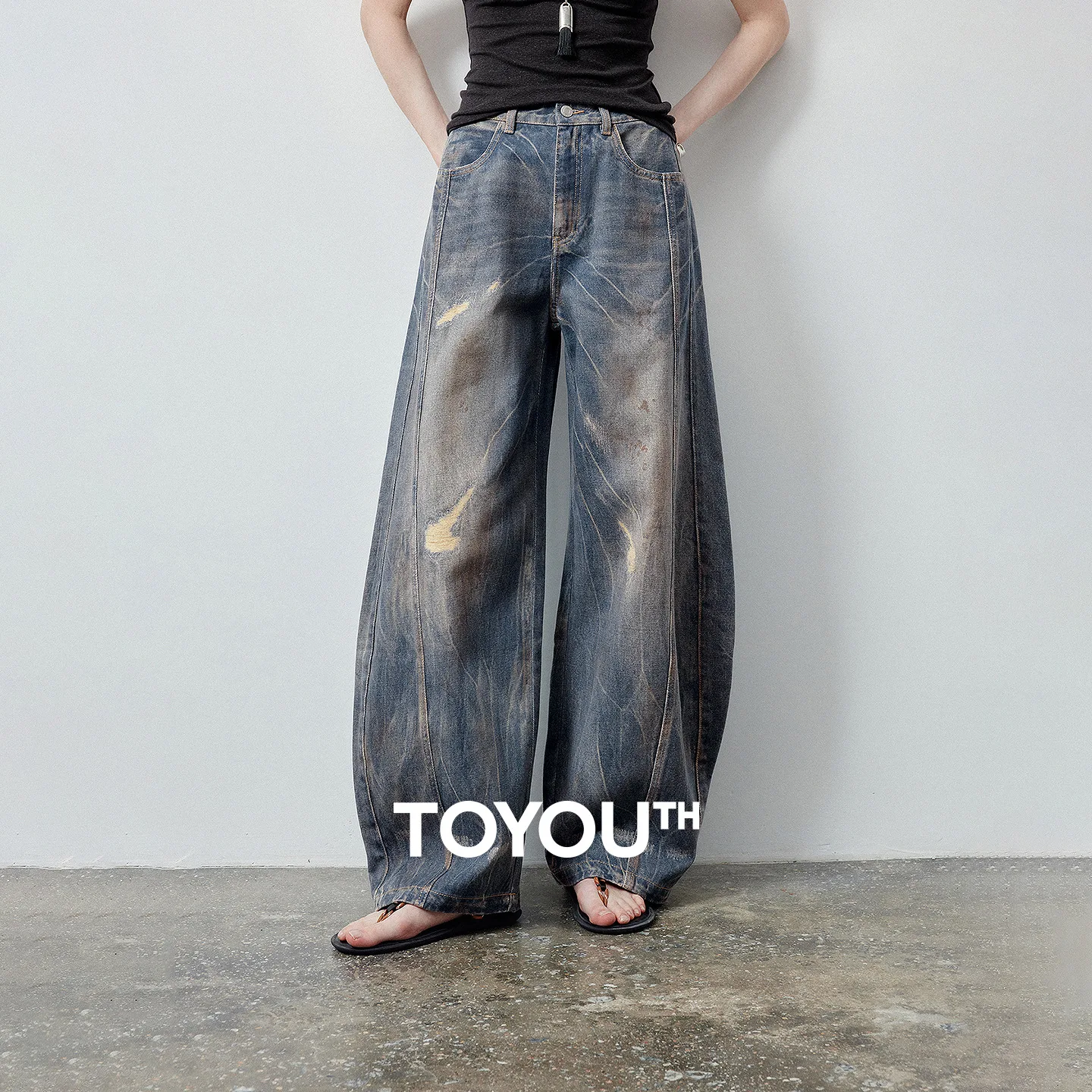 TOYOUTH Women Jeans 2026 Summer New Deconstruction Split Line Wasteland Distressed Retro Workwear High Waist Curved Knife Pants