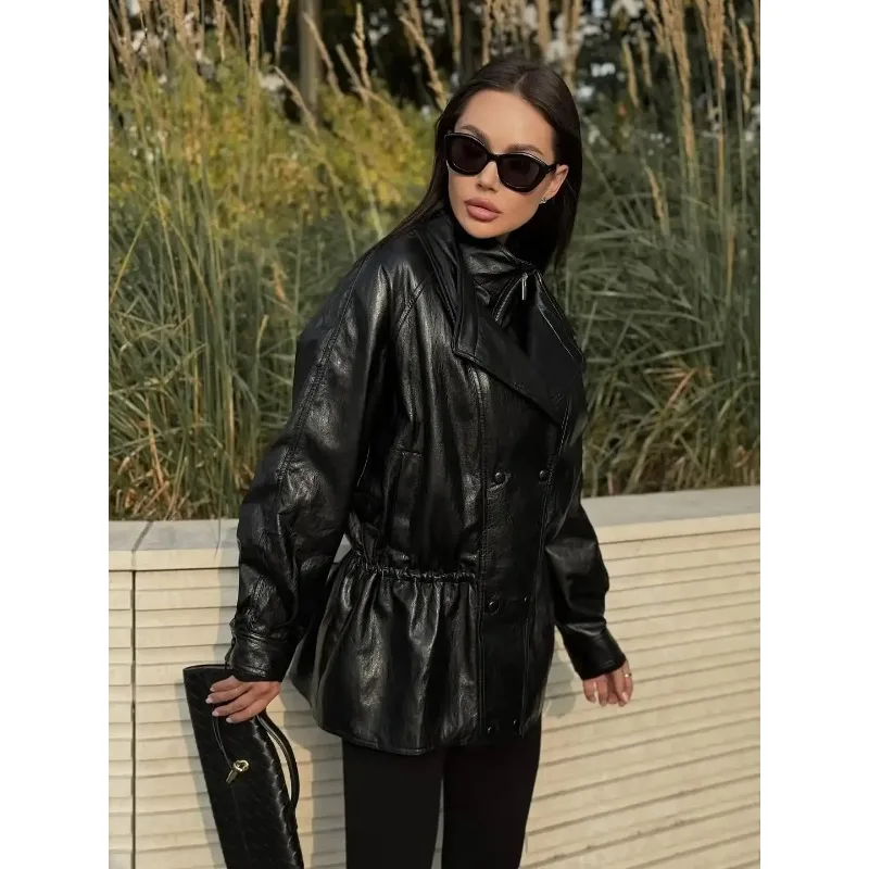 แจ็คเก็ตหนังสีดำทรงมิดิ  สำหรับผู้หญิง  แฟชั่นคอตั้ง  กระดุมสองแถว  ซิป  ทรงหลวม  เสื้อคลุมสำหรับใส่ในชีวิตประจำวัน