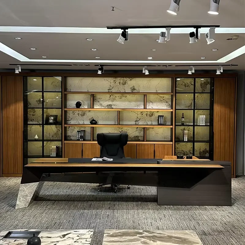 Bureau de direction noir design avec support de jambe robuste, grand bureau de luxe avec tiroirs, mobilier de bureau moderne