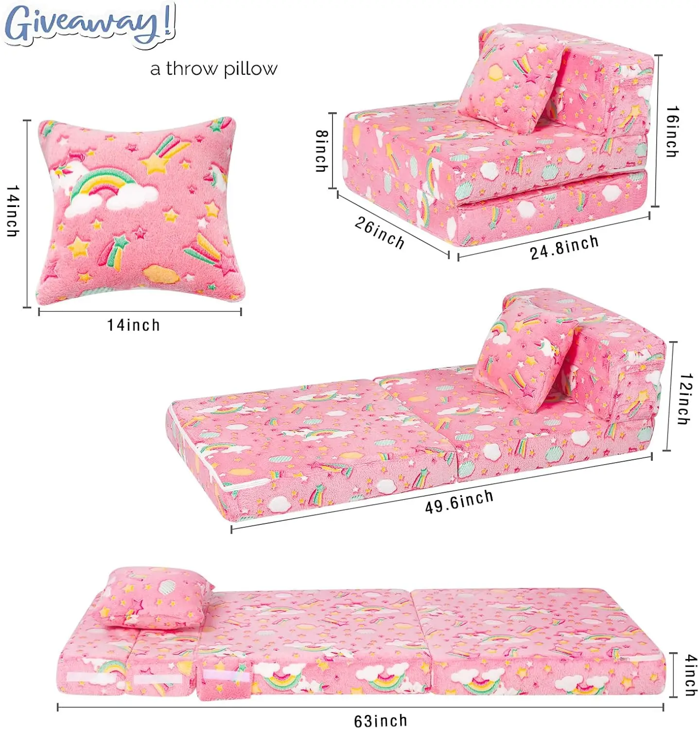 Memorecool Folding Sofa Bed Floor Mattress For Kids, Glow Tri Folding Mattress Kid Fold Up Sofa Futon Folding Chair Bed, Child