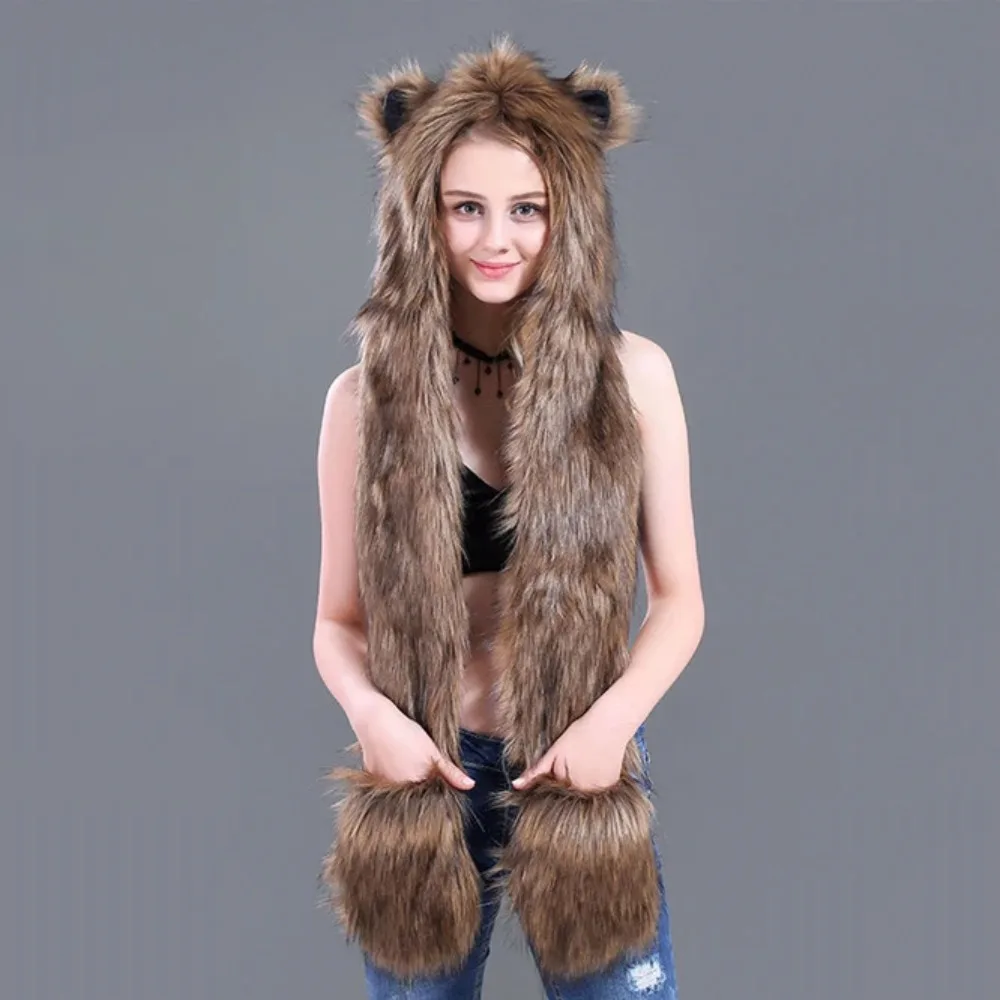 Men/Women  Fur Hood Animal Hat Ear Flaps Gloves 3in1 Animal Fur Hat Wolf Plush Warm Imitation Fur Hats Cap with Scarf Gloves