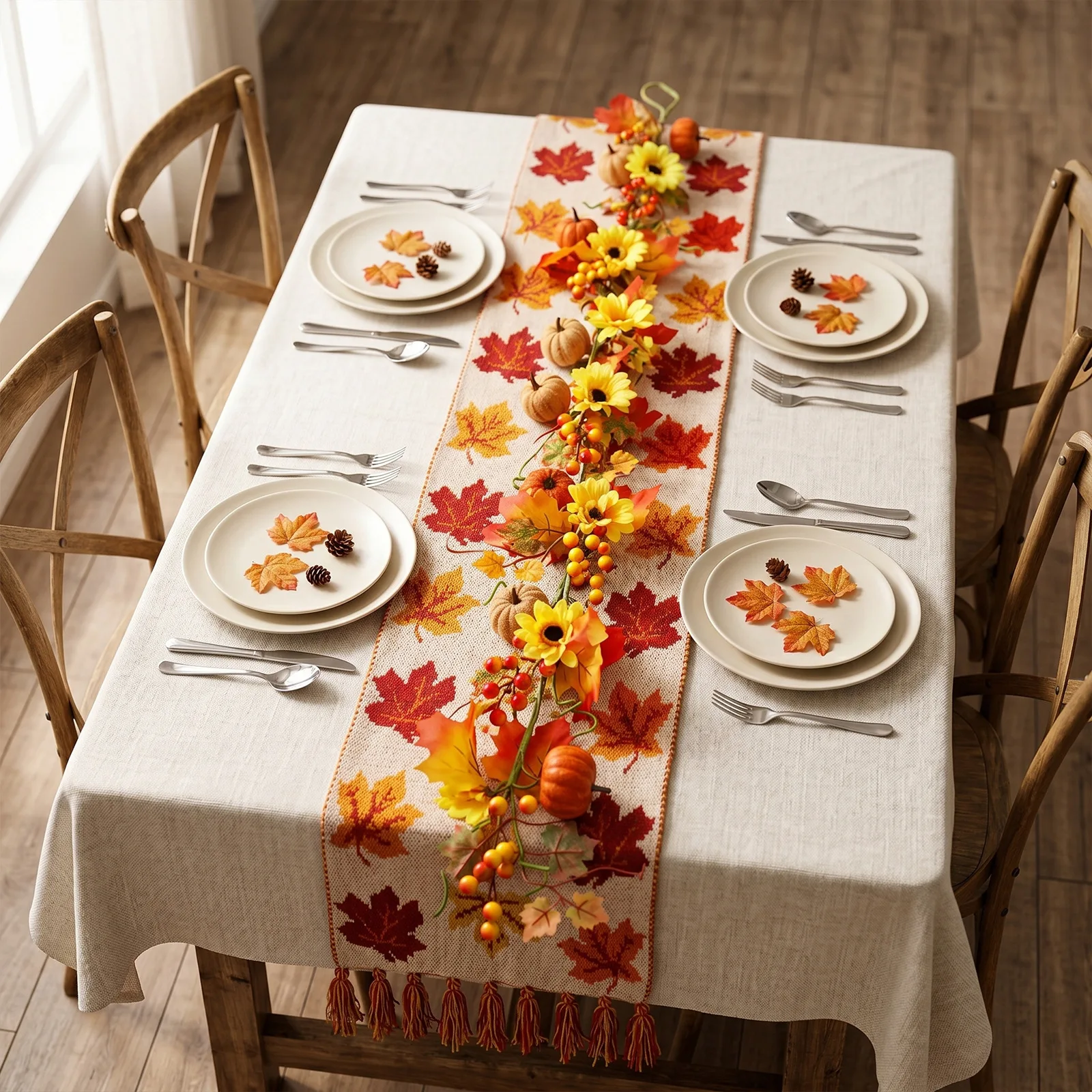 Thanksgiving Mantle Scarf Autumn Harvest Vine For Thanksgiving Gathering Fade Resistant Fabric Plush Flocking Pumpkins