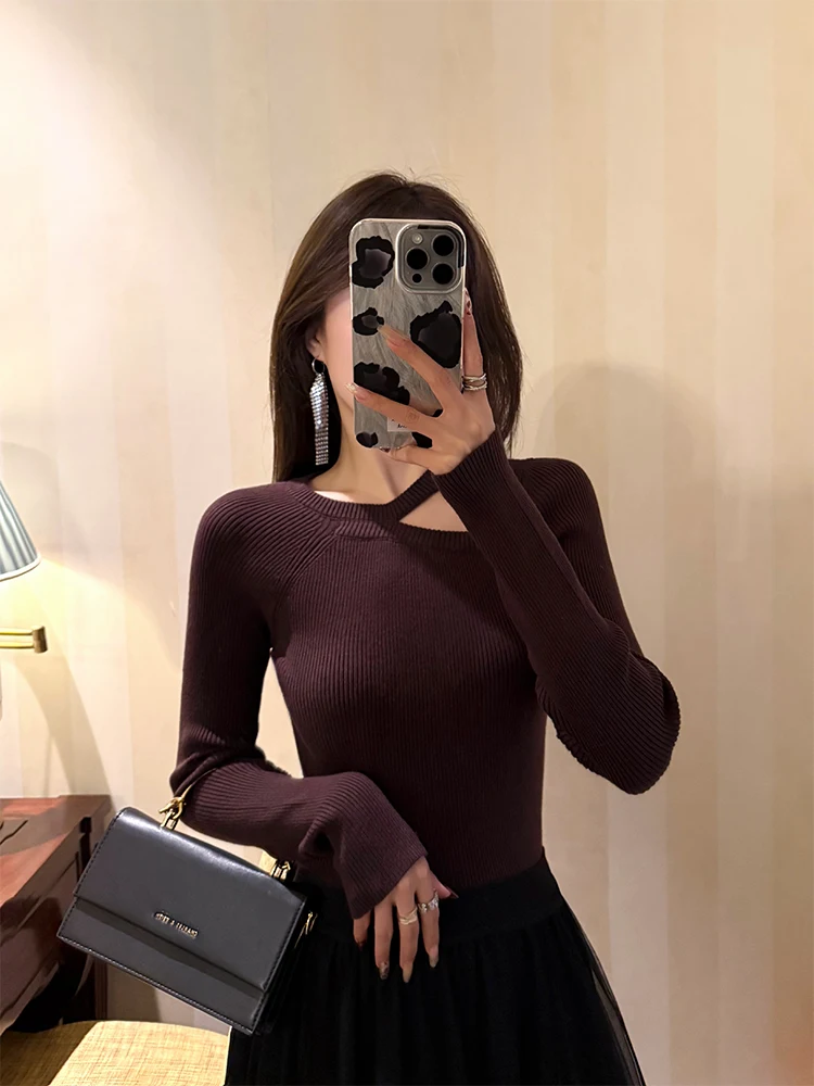 

Irregular Hollow out Design Women's Slim Fit Base irt Autumn Winter Brown Inner Knitted Sweater Casual Sle Cotton Blend