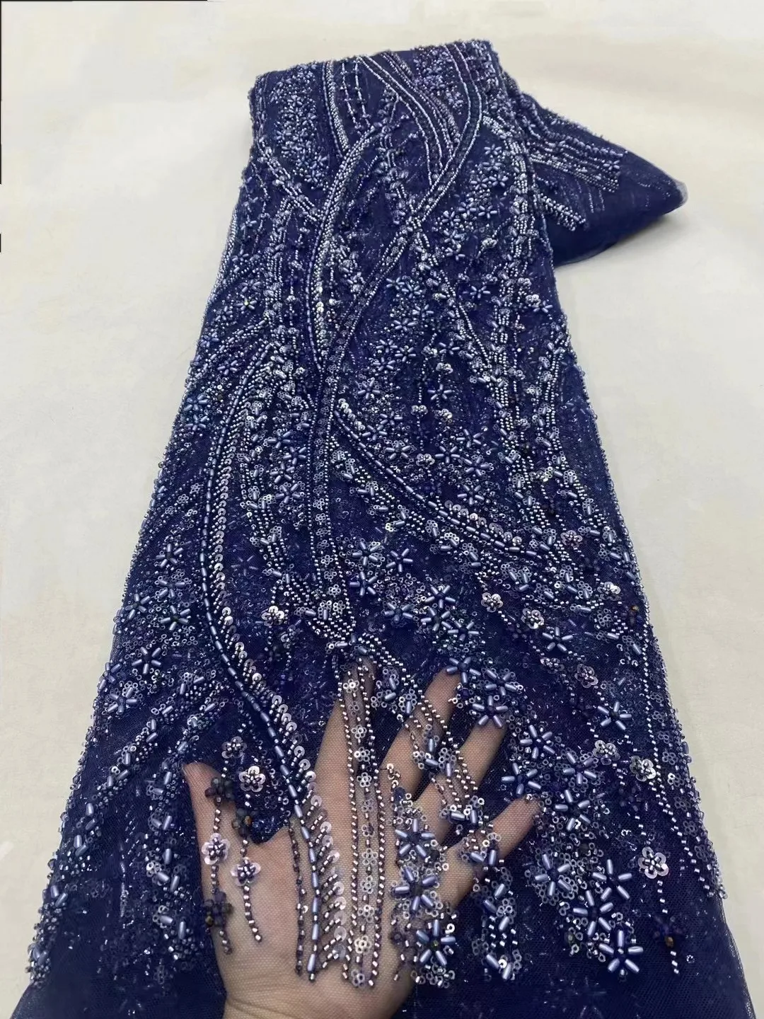 Navy blue High quality Nigerian Party Lace Fabric  Heavy Beaded Lace Fabric Elegant Navy Blue Bead Lace Fabric For Luxury Dress