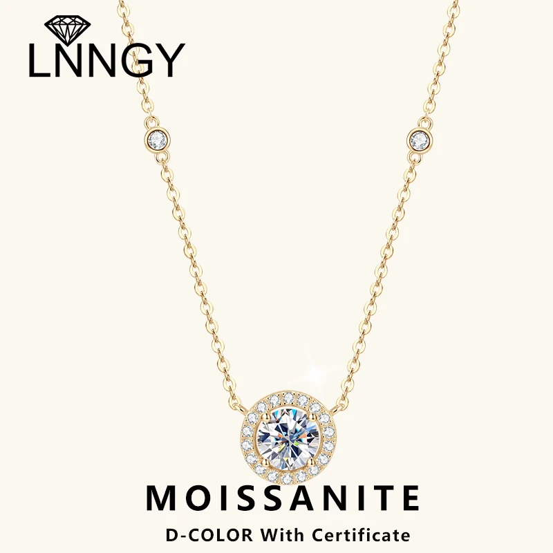 

Lnngy Sparkling 6.5mm&2mm&1.3mm Certified Moissanite Necklace 925 Sterling Silver Round Halo Pendant Necklaces For Women Jewelry
