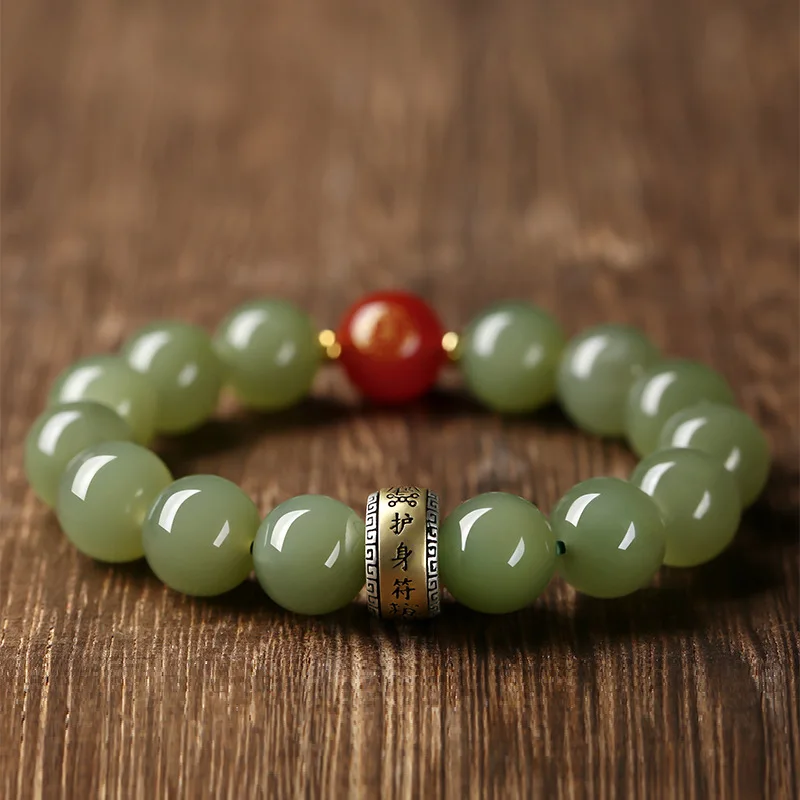 

Hetian Jade Bracelet 12mm Single Loop Men's S925 Silver Zodiac Buddha Bead