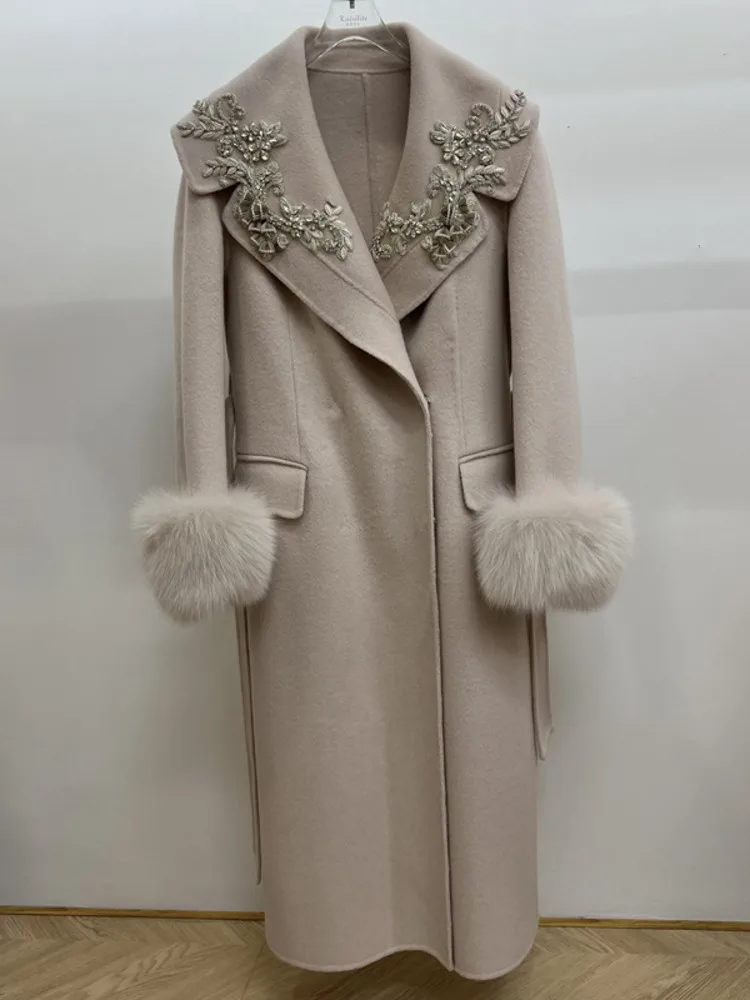 ZMEENNA Abrigo de lana rosa para mujer adornado con cuentas florales puños de piel con cinturón largo elegante prendas de vestir exteriores de invierno ZM4201