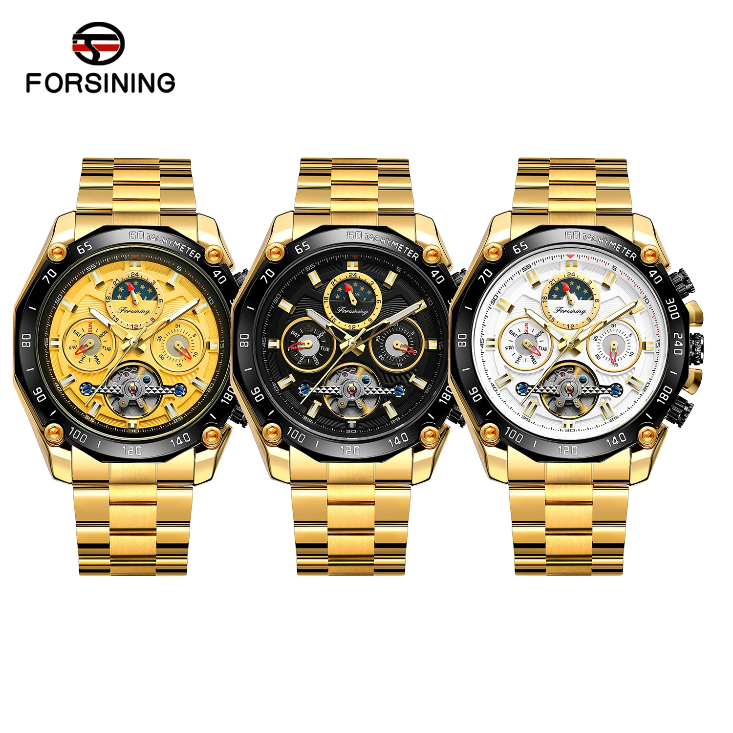 

FORSINING мужские роскошные часы с турбийоном и фазой Луны, автоматический механизм, ремешок из нержавеющей стали, светящийся календарь, водонепроницаемый подарок