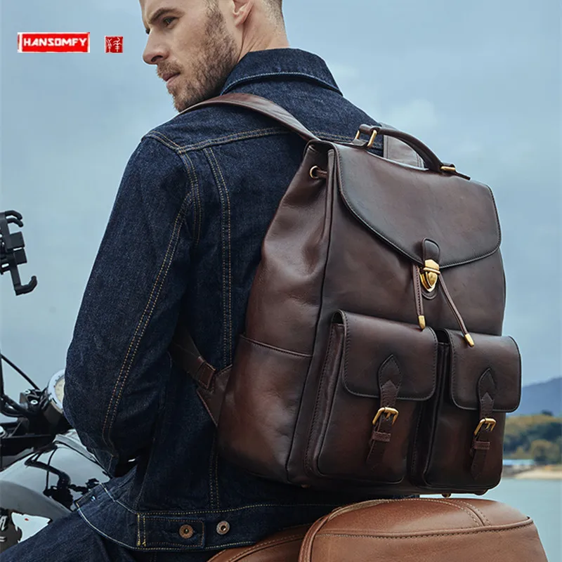 Leather Backpack High-Grade Niche Top Layer Cow Leather Computer Bag Men\'s Leather Backpack Retro Business Trip