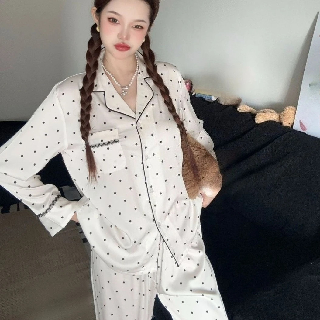 

Twinset Pijamas Suit Women Nightwear Lingerie Female Pajamas Set Long Sleeve Lace Sleepwear Spring Satin Home Wear Outfits