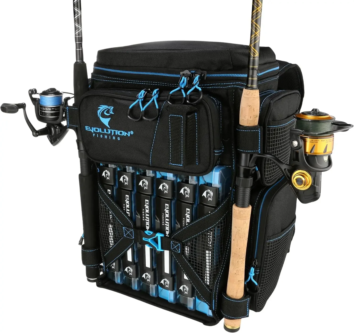 Fishing Drift Series Tackle Backpack – Blue, 3600 Size, Outdoor Rucksack w/ 6 Fishing Tackle Trays, Heavy Duty Fishing Backpack,