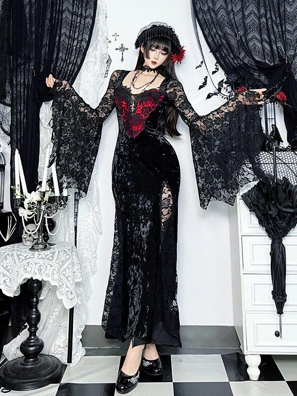 Gothique k Long Sve Dr loween Count Cosplay tenue Sexy taille haute fermeture éclair longue Dr Polyester Spandex