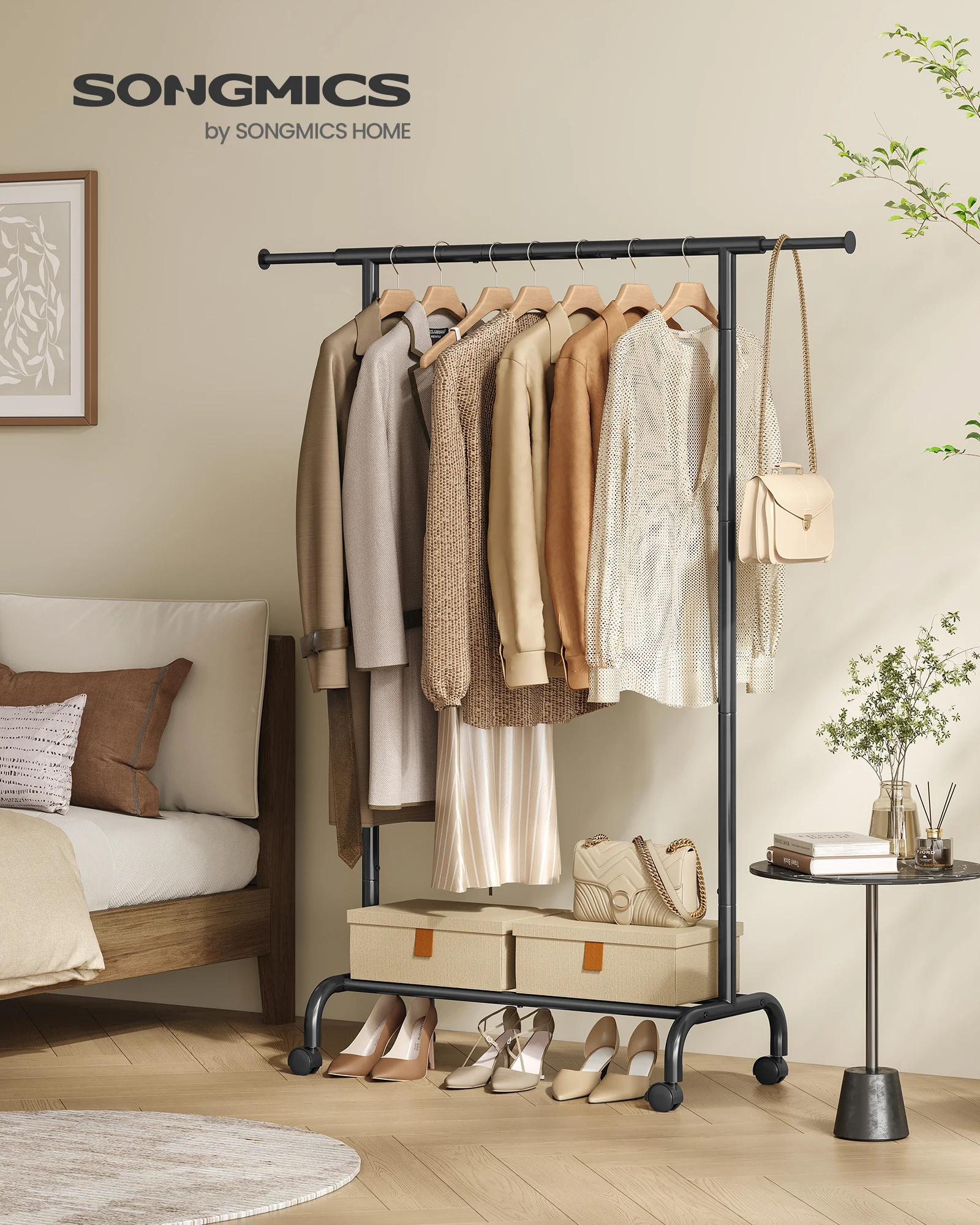 SONGMICS Clothes Rack, Clothing Rack for Hanging Clothes with Wheels, Garment Rack with Extendable Hanging Rail