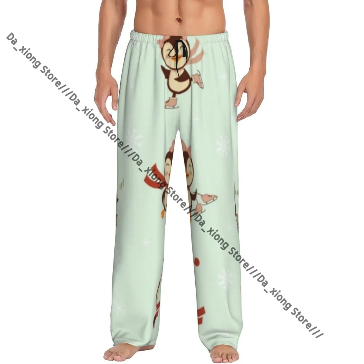

Mens Casual Pajama Long Pant Loose Elastic Waistband Cute Winter Penguins Set Cozy Sleepwear Home Lounge Pants