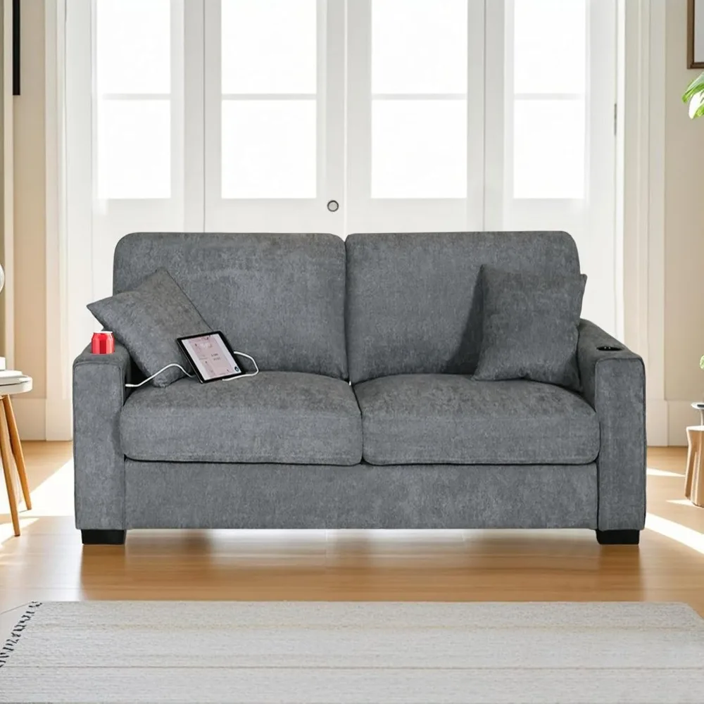 

62" Small Couches for Small Spaces, Loveseat Apartment Sofa Couch with USB/Type-C Charging & 2 Cup Holders, Medium-Firm Chenille
