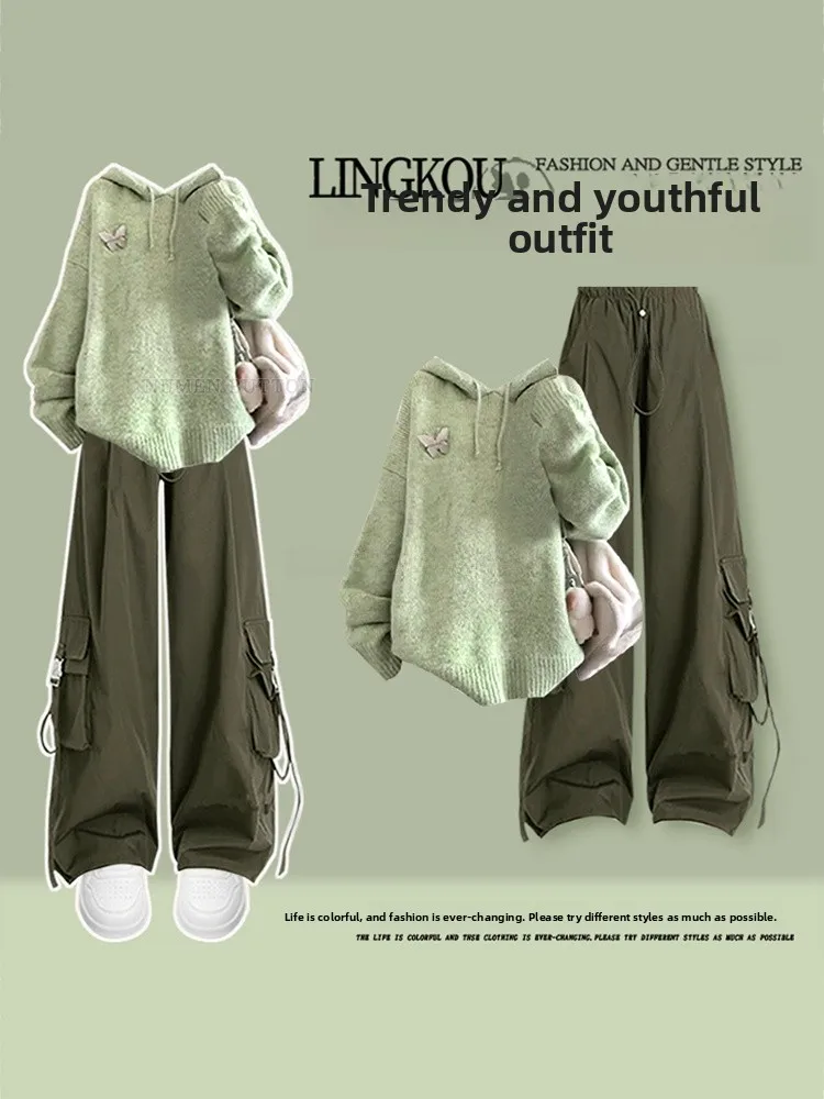 

Комплект из вязаной шапки и брюк для женщин: повседневный деловой костюм с высокой талией, свободный крой, осенняя коллекция, комплект из двух предметов