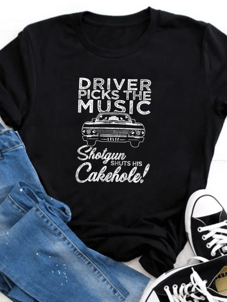 Supernatural Driver Picks Music Letter Graphic Polyester Breathable Tee Shirt Crew Neck Casual T Shirts For Women