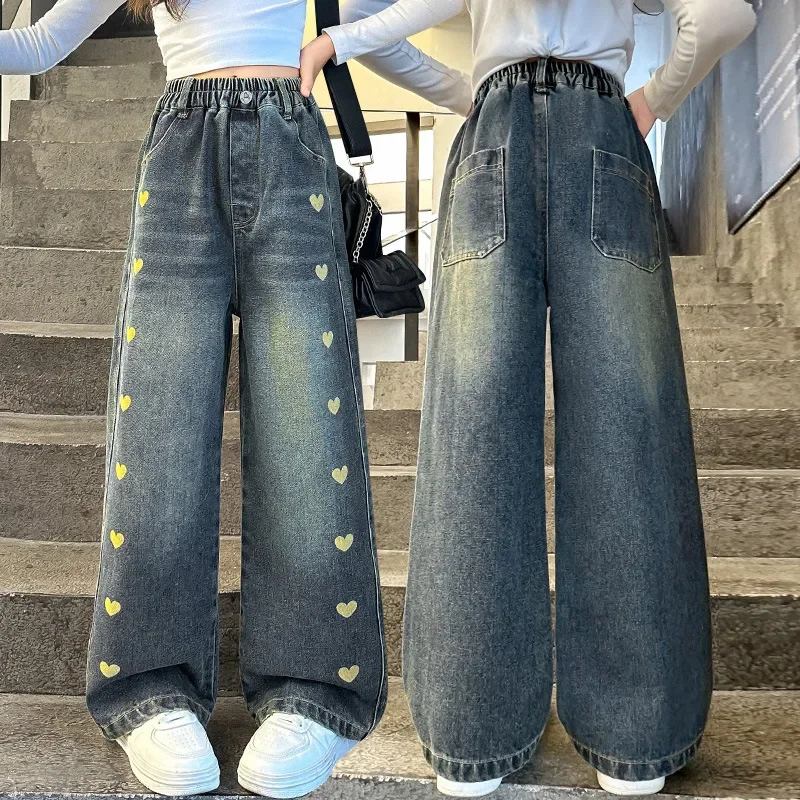 Girls Denim Pants Spring and Autumn New Teenagers Children Fashion Straight Leg Wide Leg Pants Child Love Printed Jeans Trousers