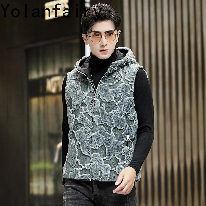 YOLANFARIY 30% Natural Wool Jacket Men Real Fur Coat Mens Short Winter Clothes Shearling Lamb Coats Hooded Vest Chaquetas Hombre