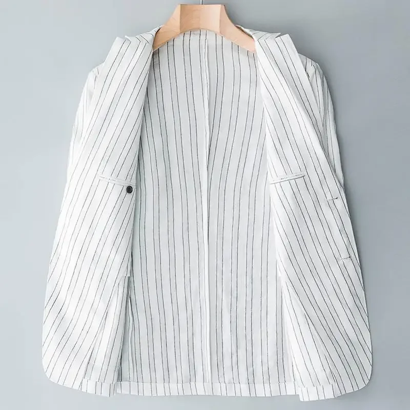 2024 New Linen Transparent Stripe Men's Blazers Casual Suit Unscreen Clothes Ultra-thin Handsome Breathablesingles West