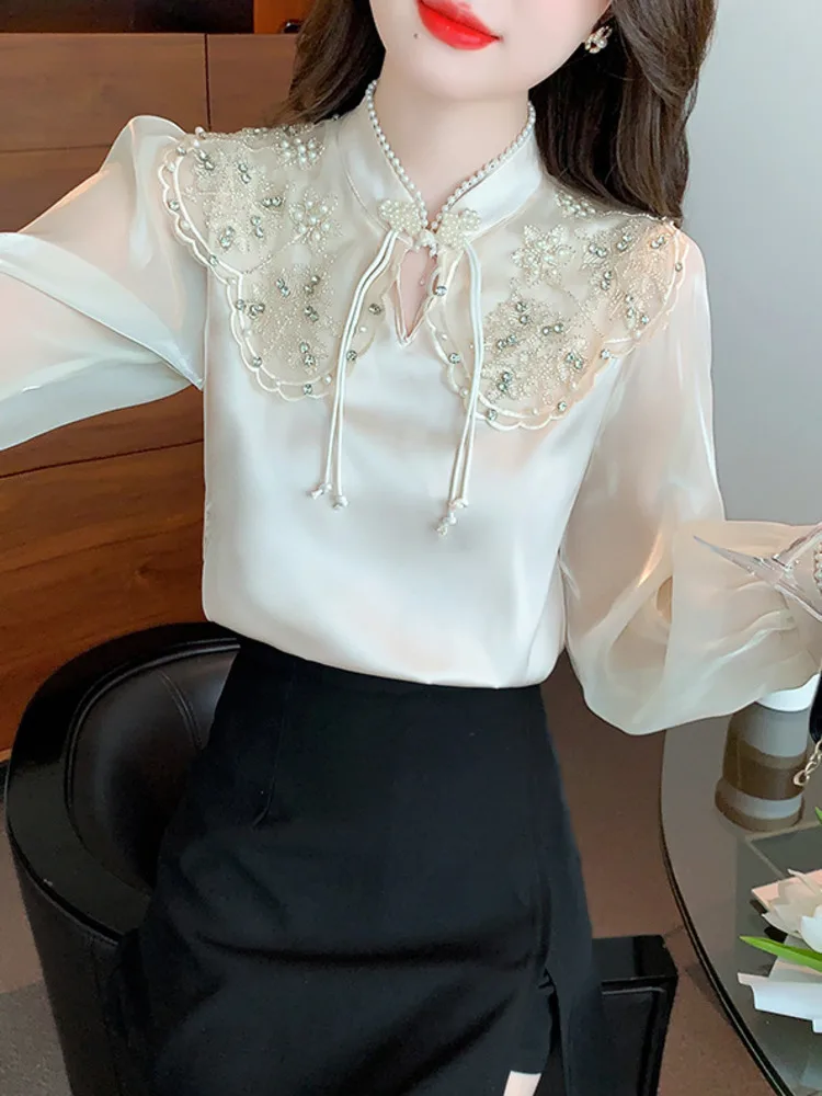 #2576 Beige Vintage Blouse Women Stand Collar Pearls Hollow Out France Style Long Sleeve Blouse Female Embroidery Spring Autumn