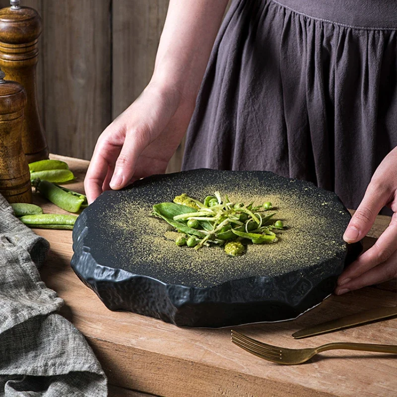 Creative Stone Pattern Ceramic Plate Dishes Western Food Steak Plate Dessert Plate Black and White Gold Special-shaped Tableware