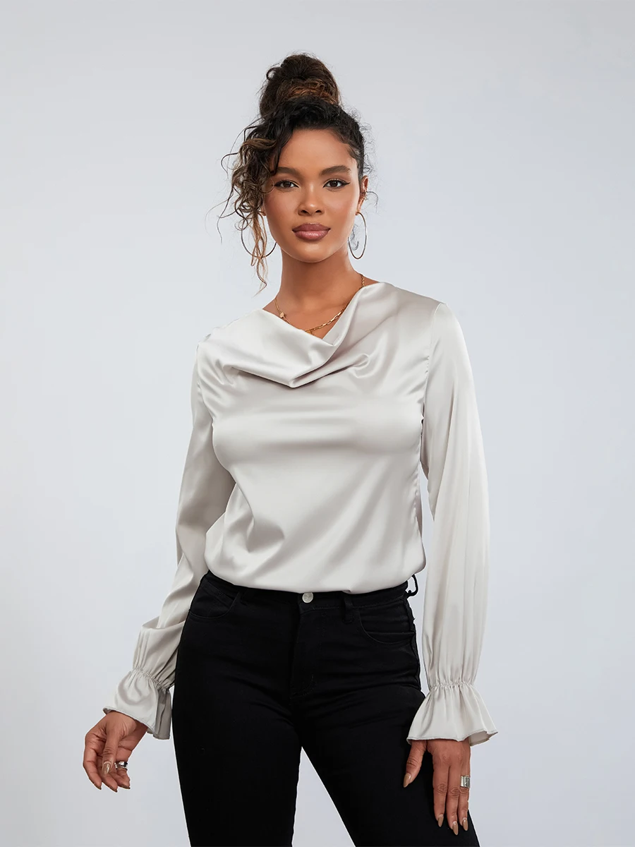 wsevypo Elegant Grey Satin Blouses for Women Ladies Solid Color Long Sleeve Cowl Neck Slim Shirts Office Lady Plain Tops