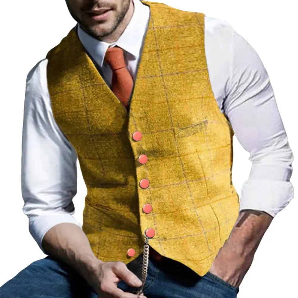 Fashion Men\'s Vests Lapel Plaid V-neck Waistcoat Slim Fit Vest Business Formal Dress Suit Casual Wedding Tuxedo Male Vest