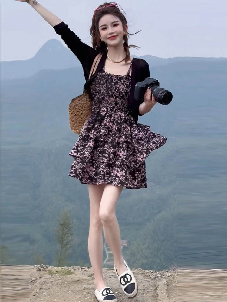 Faionable طباعة الأزهار ort Strapl Dr المرأة التخسيس صيف 2024 النسخة الكورية الجديدة تجمع الخصر لينة النسيج...