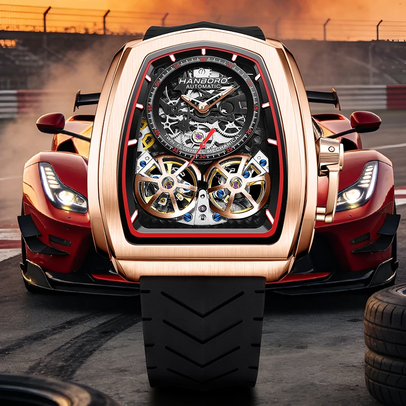 Double Flying Wheel Hollow Watch Men's Double Flying Skeleton Luxury Irregular Automatic Mechanical Stainless Steel Silicone view 2